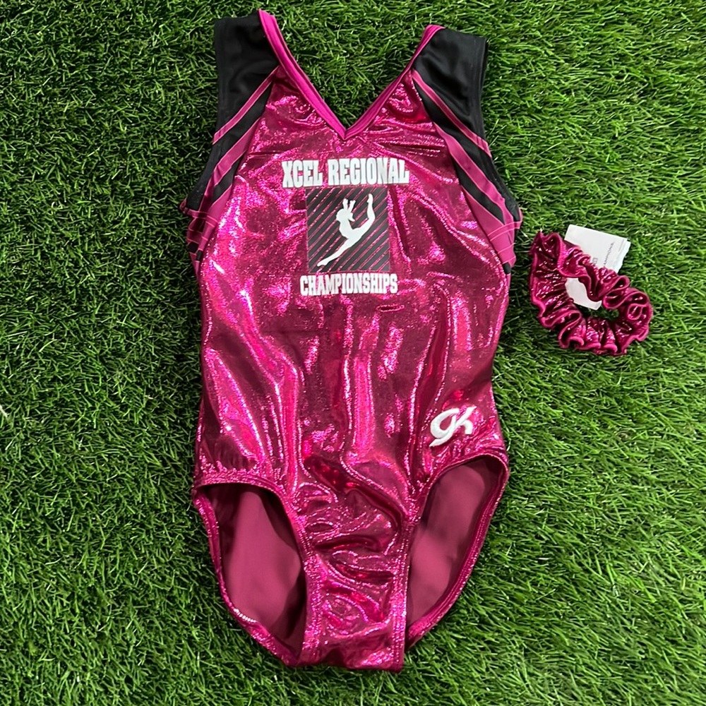 GK Gymnastics Leotard - Xcel Regionals championships - with matching scrunchie